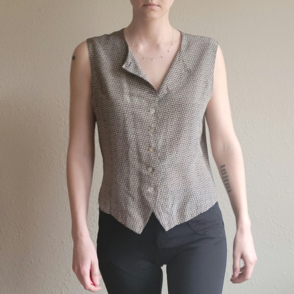 Vintage Amanda Smith Silk Navy Tan Pattern Vest Size 12 EVC